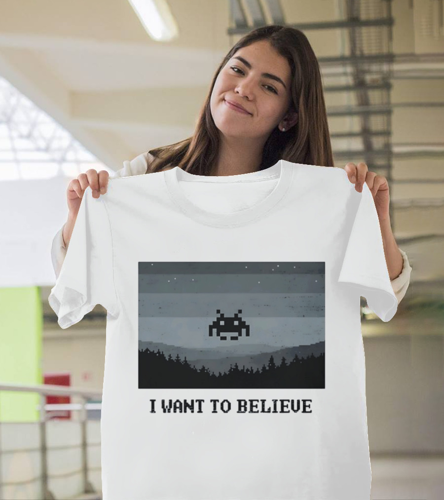 I Want To Believe Space Invader Pixel UFO Forest Scene T-Shirt