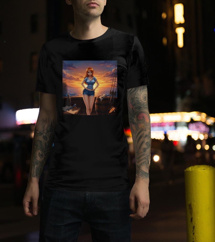 Nami One Piece Joyful Sunset Pirate Ship Ocean Scene T-Shirt