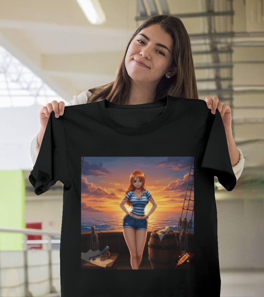 Nami One Piece Joyful Sunset Pirate Ship Ocean Scene T-Shirt
