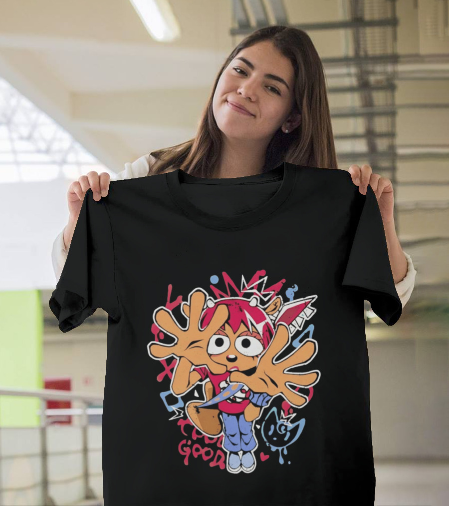 True Good Anime Distressed Graffiti Cartoon Character With Red Hair And Large Hands T-Shirt