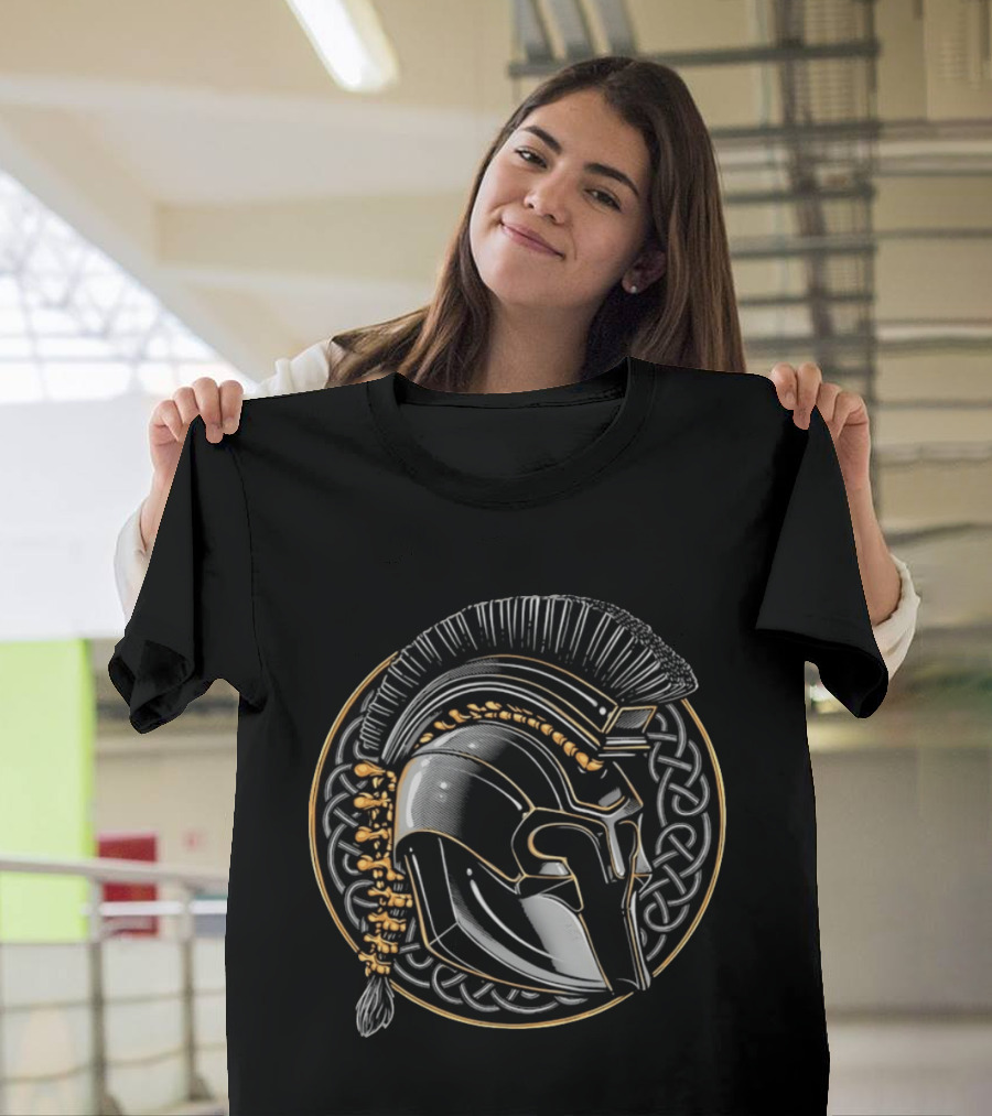 Spartan Helmet Celtic Knot Motif With Braided Spinal Column T-Shirt