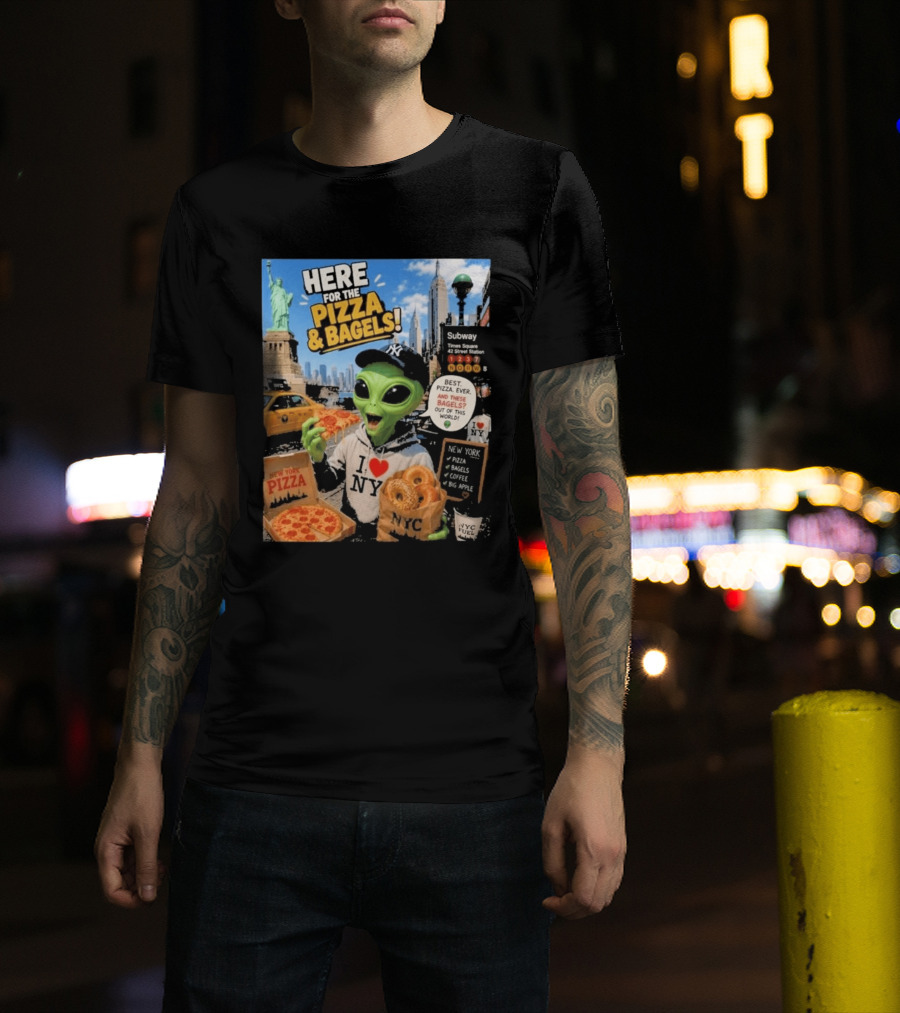 NYC Alien Loves Pizza And Bagels With Statue Of Liberty And Times Square Subway T-Shirt