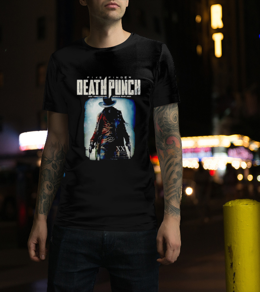 Five Finger Death Punch 20th Anniversary World Tour 2026 Cowboy Imagery With Knuckle Duster And Pistols T-Shirt