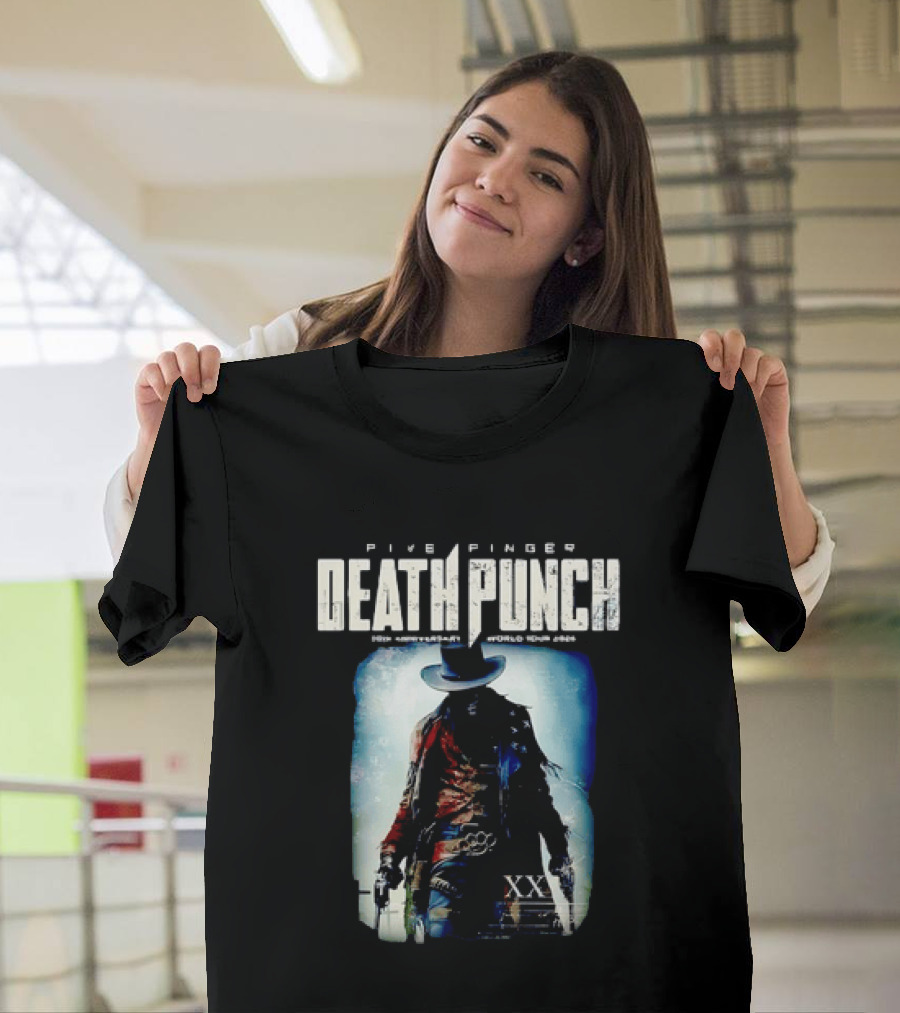 Five Finger Death Punch 20th Anniversary World Tour 2026 Cowboy Imagery With Knuckle Duster And Pistols T-Shirt