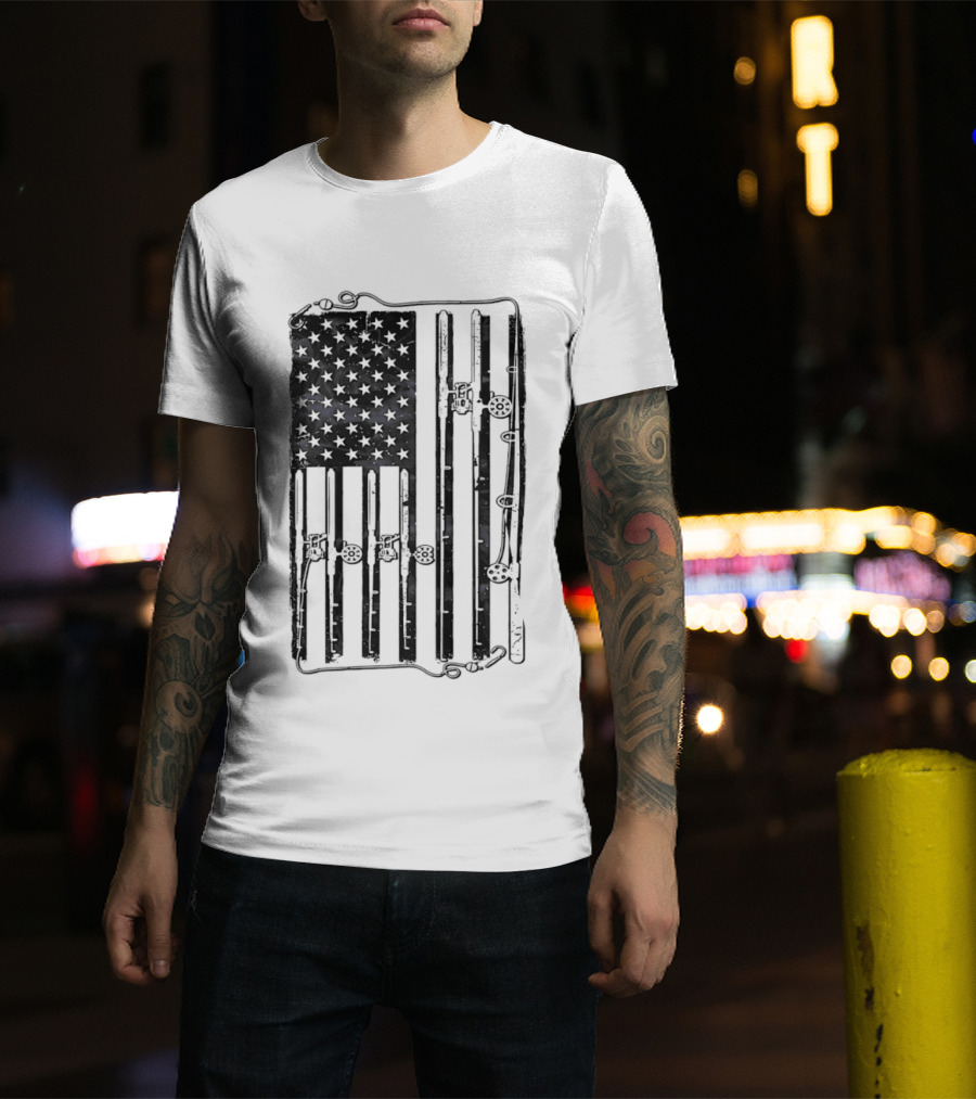 Distressed American Flag Fishing Rod Patriotic USA Angling Stars And Stripes T-Shirt
