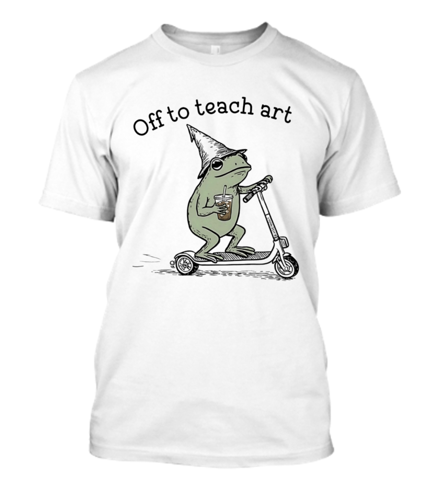 Frog Off To Teach Art With Iced Coffee On Scooter T-Shirt