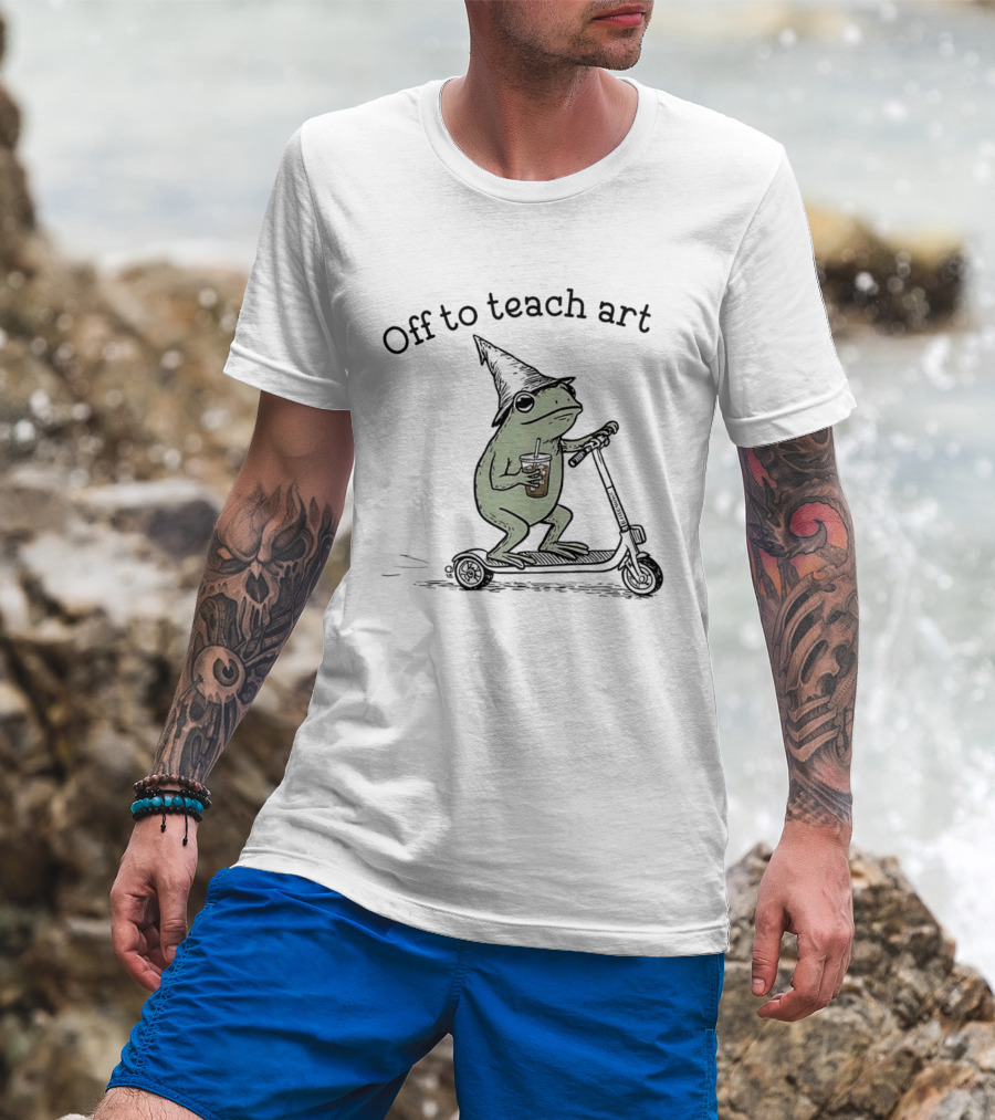 Frog Off To Teach Art With Iced Coffee On Scooter T-Shirt