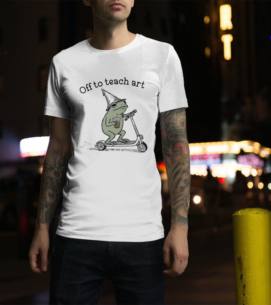 Frog Off To Teach Art With Iced Coffee On Scooter T-Shirt