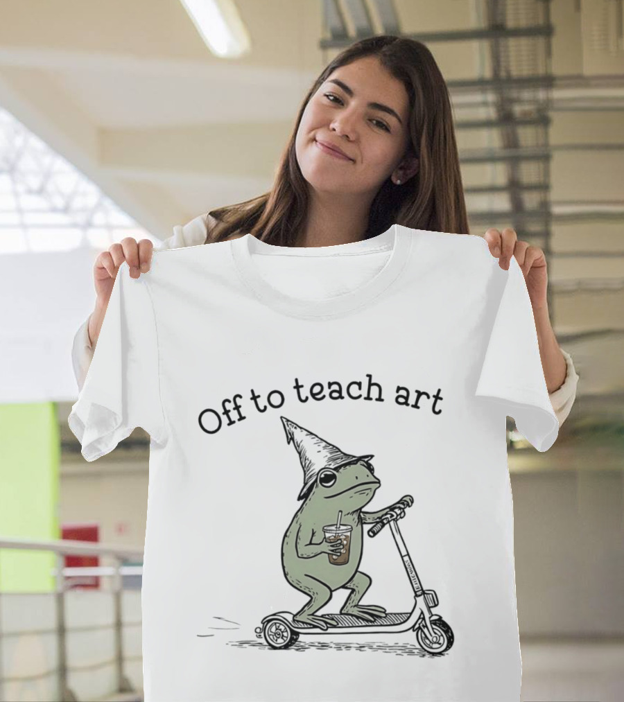 Frog Off To Teach Art With Iced Coffee On Scooter T-Shirt