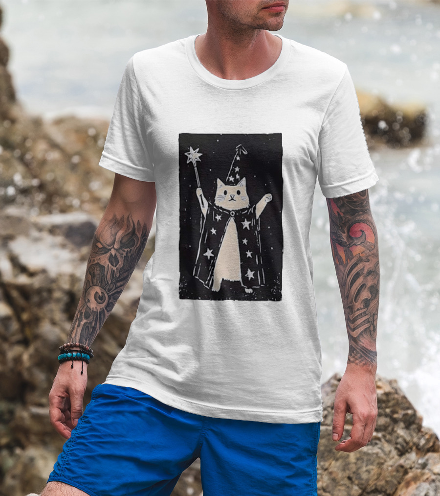 The Magician Cat Tarot Card Wizard Hat Starry Cloak Magic Wand T-Shirt