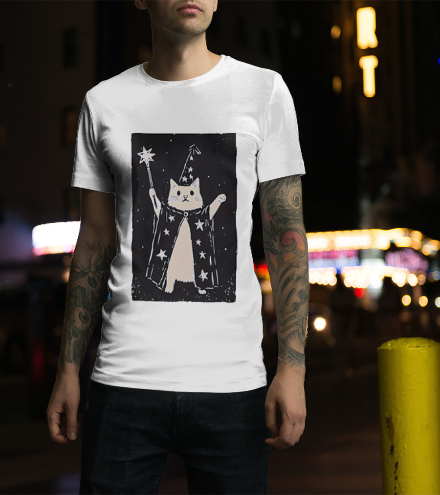 The Magician Cat Tarot Card Wizard Hat Starry Cloak Magic Wand T-Shirt