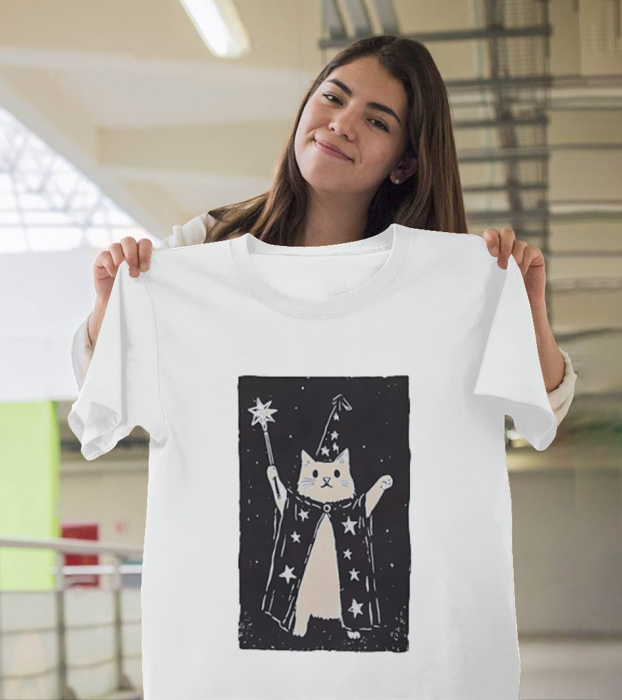 The Magician Cat Tarot Card Wizard Hat Starry Cloak Magic Wand T-Shirt