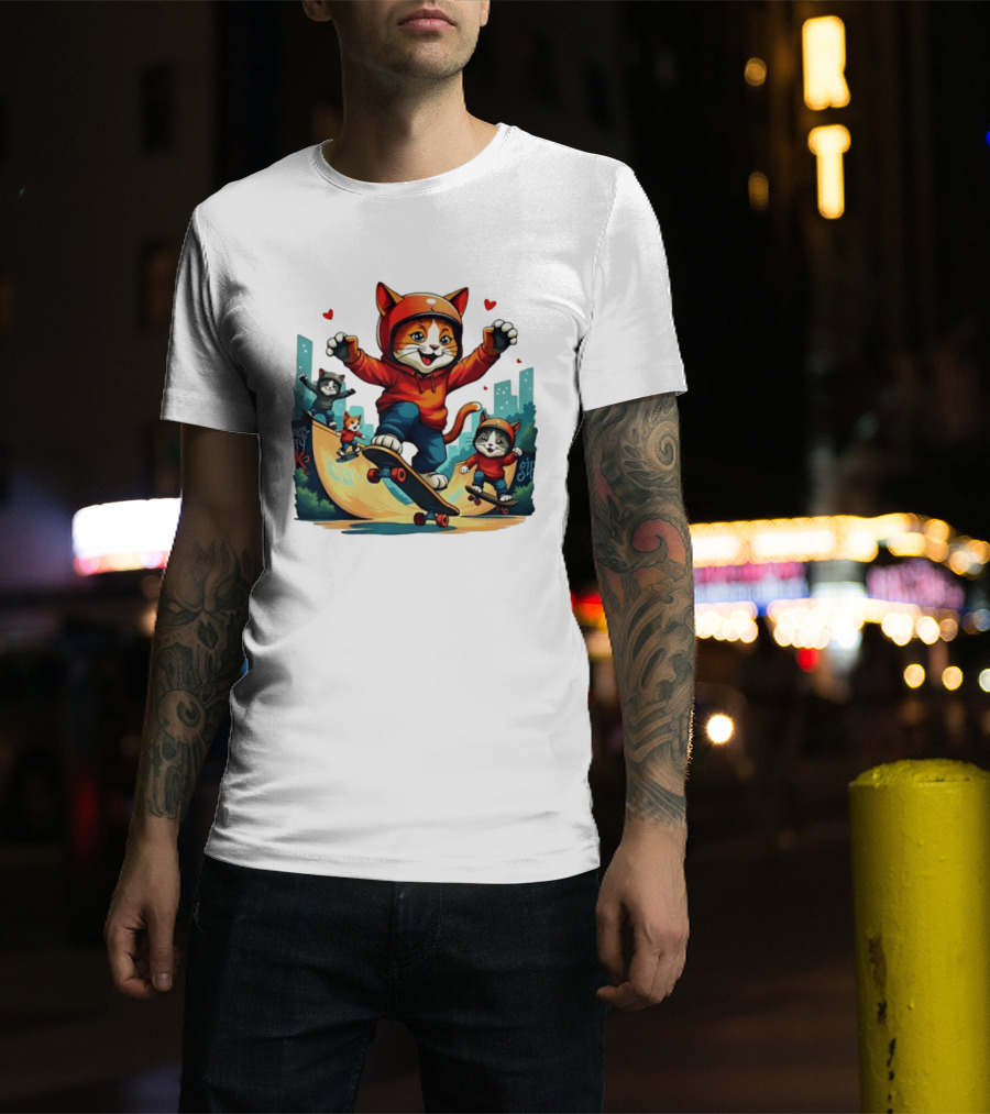 Skateboarding Cats In Helmets With Hearts And Cityscape T-Shirt