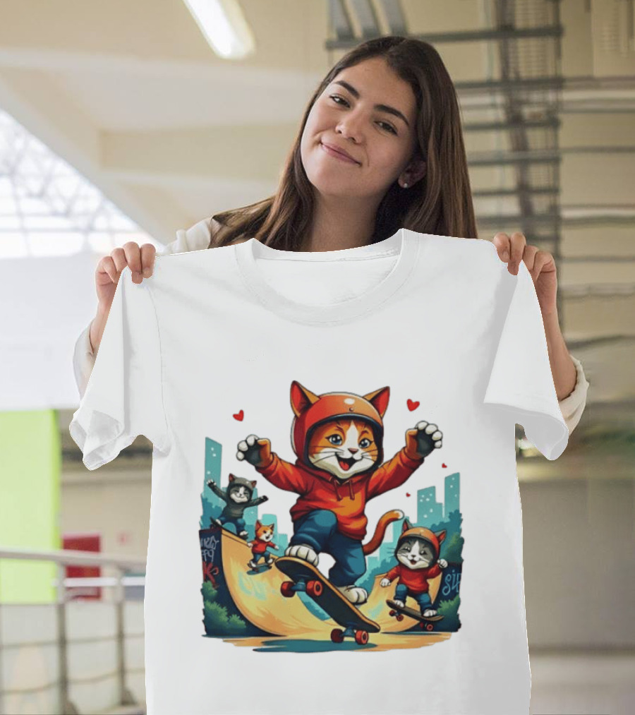 Skateboarding Cats In Helmets With Hearts And Cityscape T-Shirt