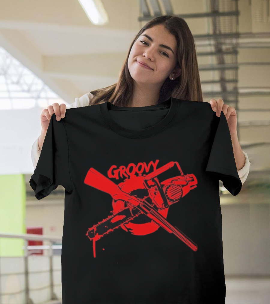 Ash Williams Evil Dead Groovy Chainsaw Shotgun T-Shirt