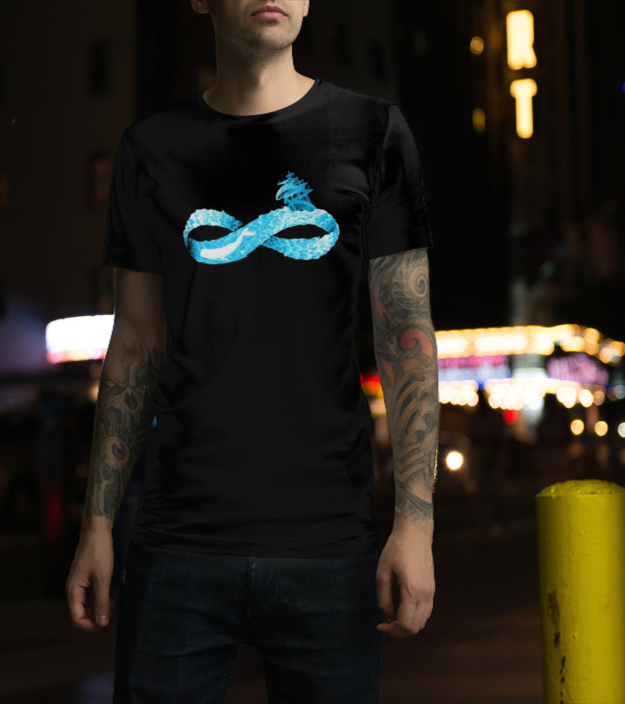 Infinity Symbol With Whale Swimming Beneath Sailing Ship Formed By Ocean Waves T-Shirt