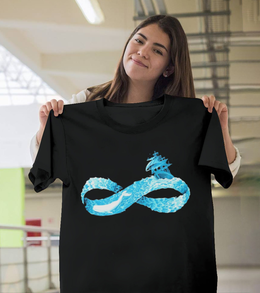 Infinity Symbol With Whale Swimming Beneath Sailing Ship Formed By Ocean Waves T-Shirt