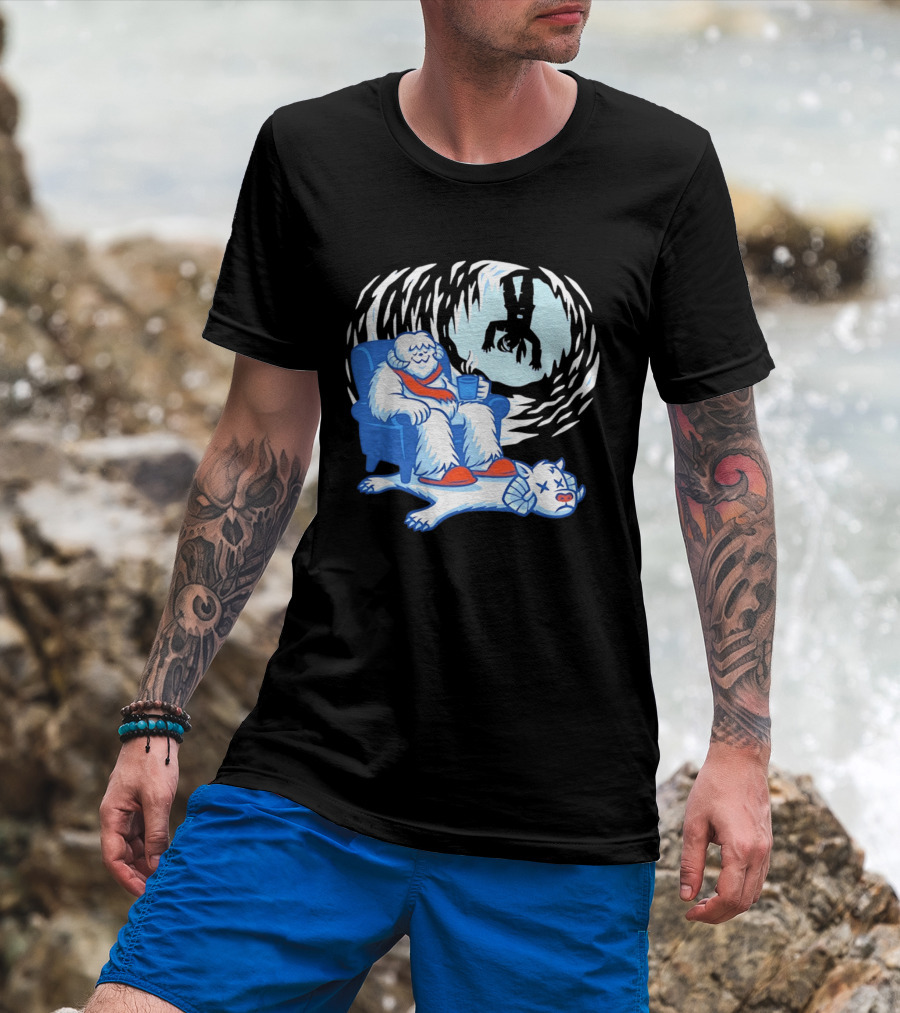 Yeti Relaxing In A Chair With Hot Drink And Abominable Snowman Rug T-Shirt