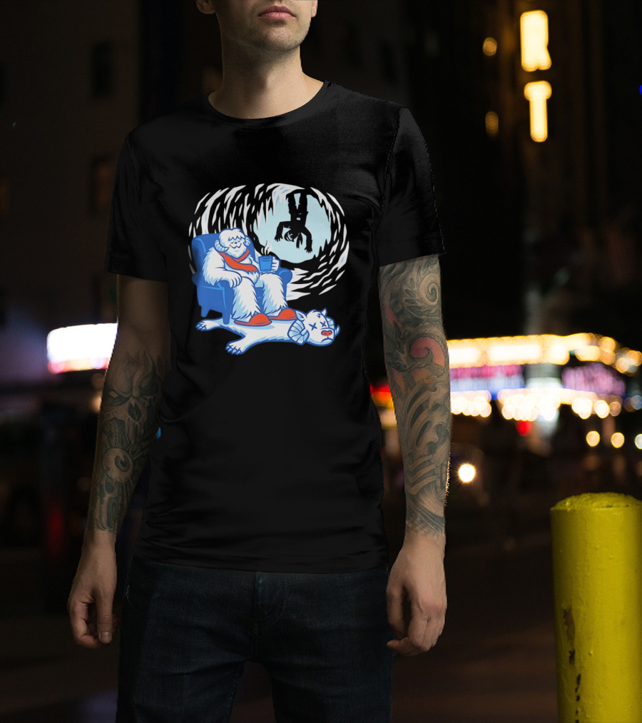 Yeti Relaxing In A Chair With Hot Drink And Abominable Snowman Rug T-Shirt