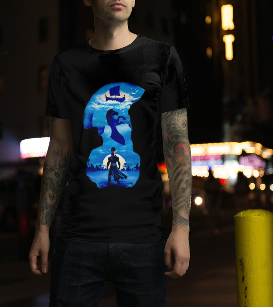 Spartan Warrior With Trojan Horse And Ancient Ship In Mythical Blue Scene T-Shirt