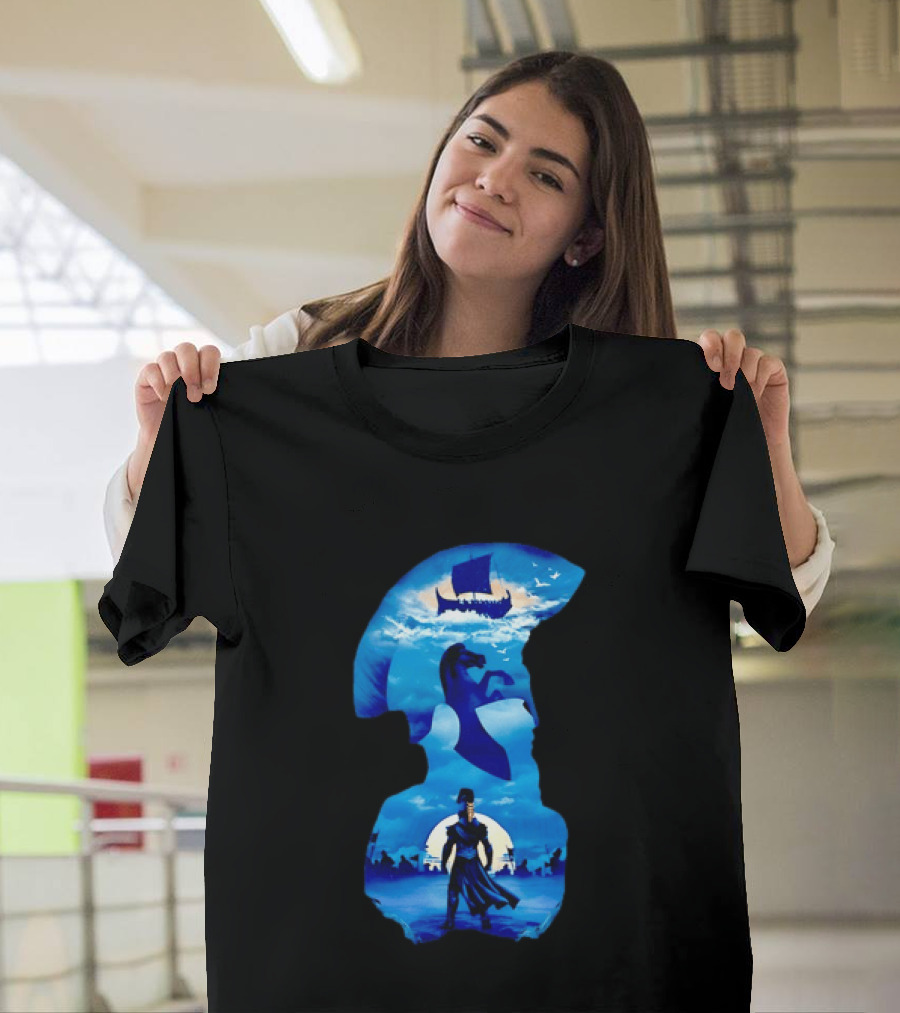 Spartan Warrior With Trojan Horse And Ancient Ship In Mythical Blue Scene T-Shirt