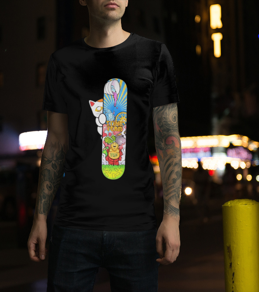 Stinc Team TGF Buddha Cat With Skateboard And Dripping Paint Aesthetic T-Shirt