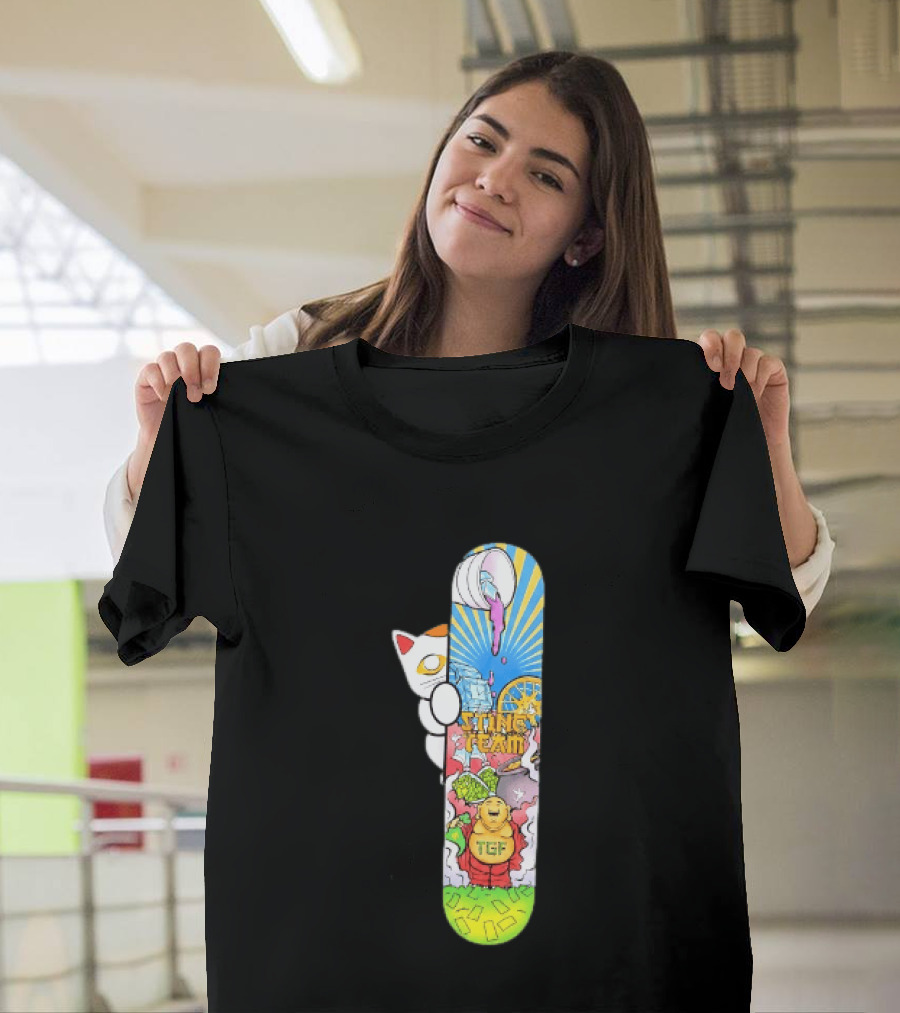 Stinc Team TGF Buddha Cat With Skateboard And Dripping Paint Aesthetic T-Shirt