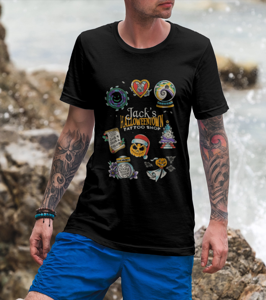 Jack's Halloweentown Tattoo Shop Oogie Boogie Santa Skull Lock Shock Barrel T-Shirt