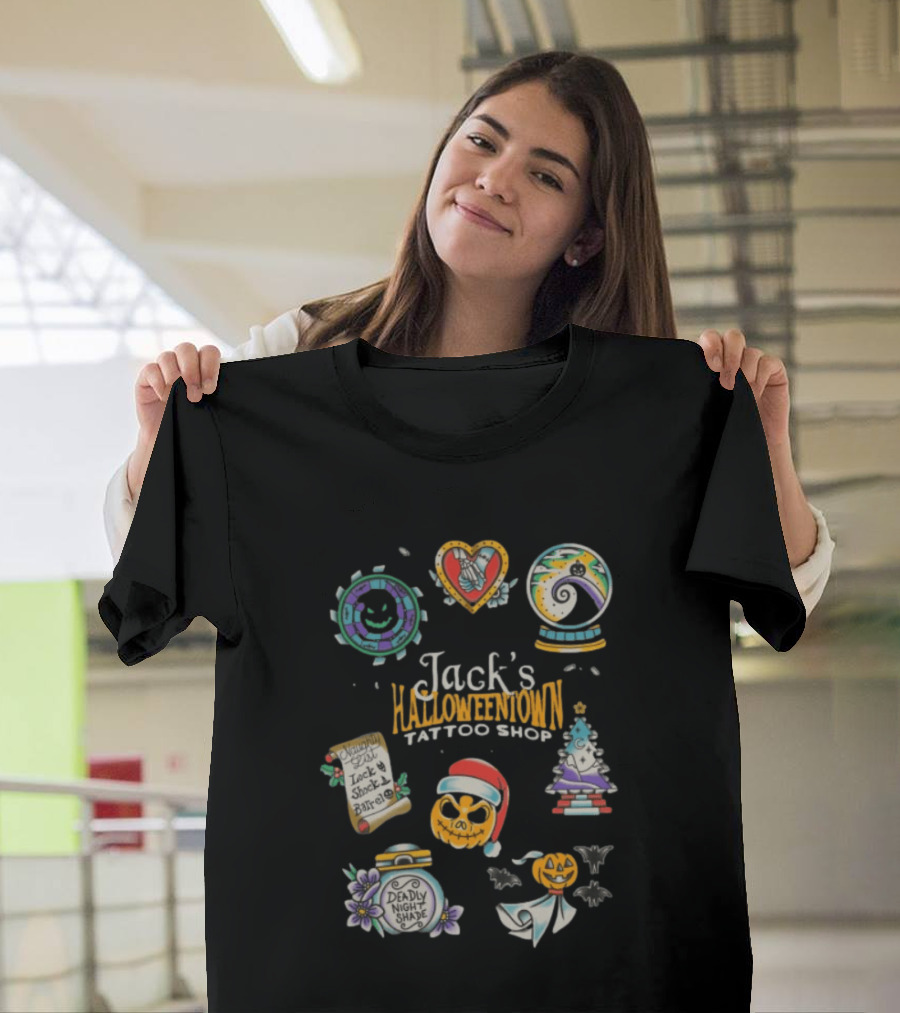 Jack's Halloweentown Tattoo Shop Oogie Boogie Santa Skull Lock Shock Barrel T-Shirt