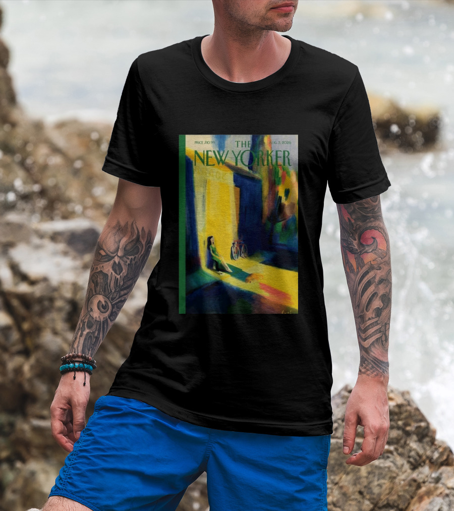 The New Yorker August 3 2026 Pierre Emmanuel Lyet Cover Art Female Figure With Bicycle In Vibrant Alley Scene T-Shirt