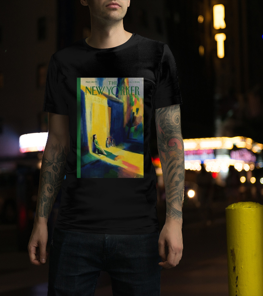 The New Yorker August 3 2026 Pierre Emmanuel Lyet Cover Art Female Figure With Bicycle In Vibrant Alley Scene T-Shirt