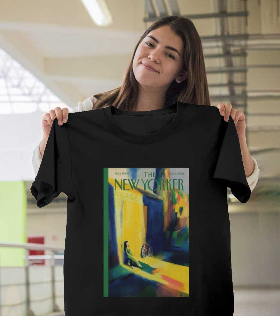 The New Yorker August 3 2026 Pierre Emmanuel Lyet Cover Art Female Figure With Bicycle In Vibrant Alley Scene T-Shirt