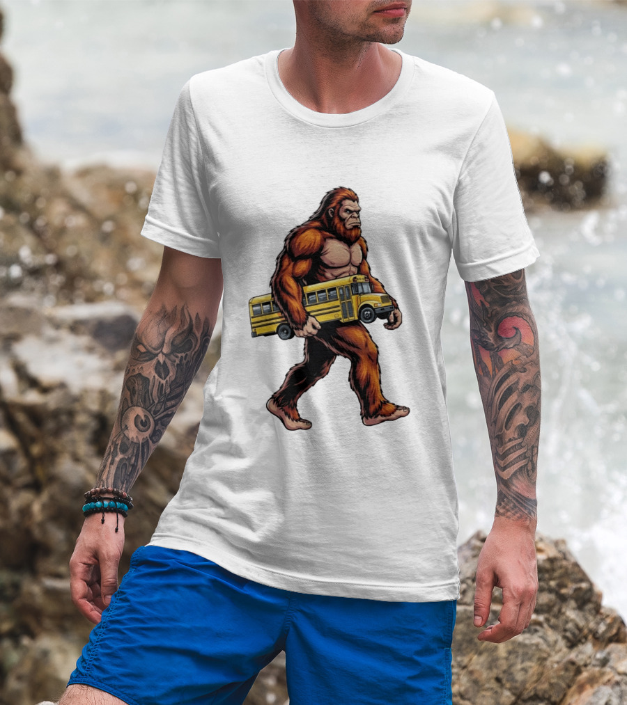 Bigfoot Sasquatch Carrying Yellow School Bus T-Shirt