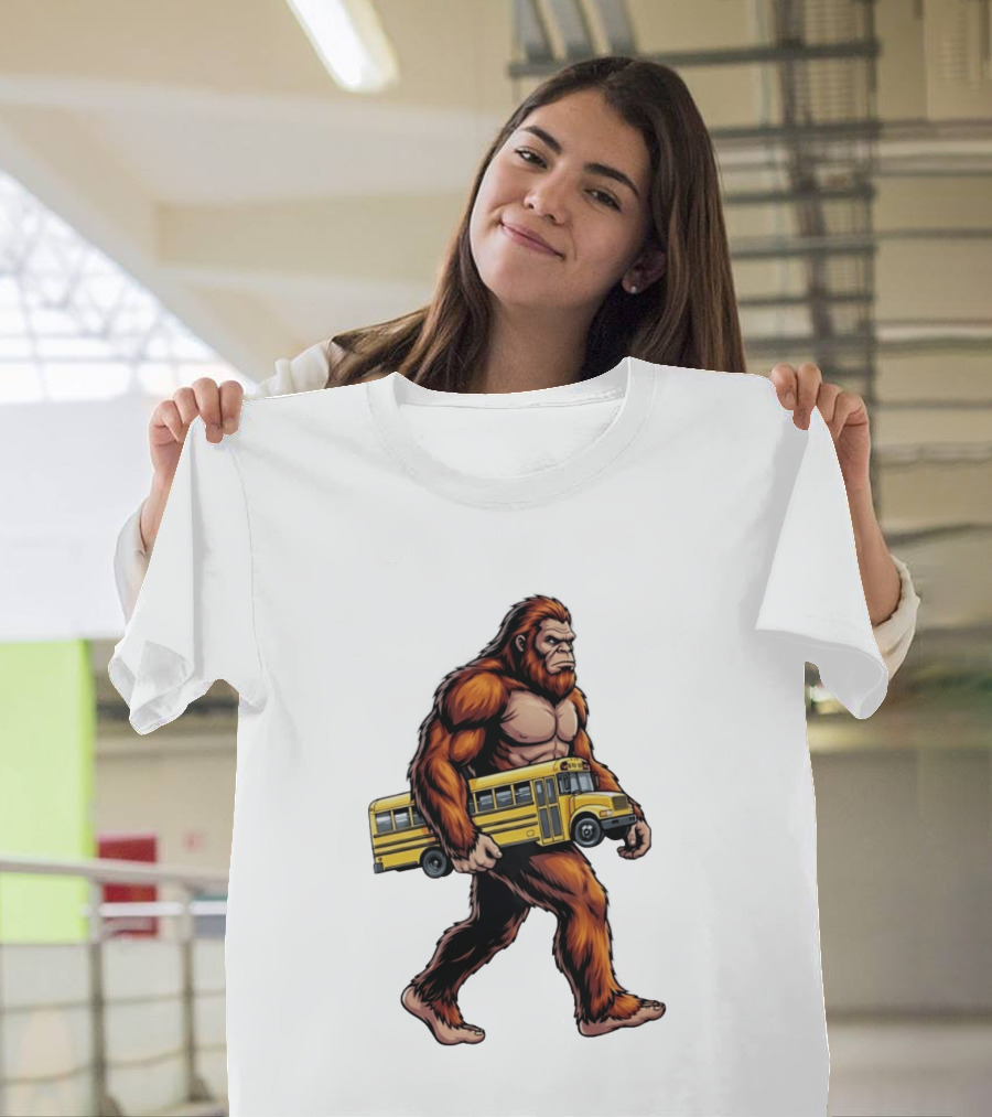Bigfoot Sasquatch Carrying Yellow School Bus T-Shirt