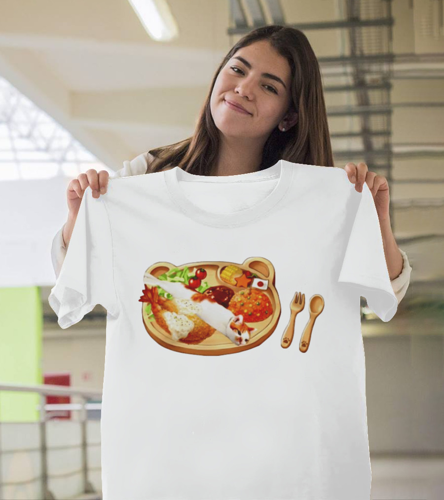 Cat Sushi On Bear Shaped Japanese Meal Plate With Shrimp And Rice T-Shirt