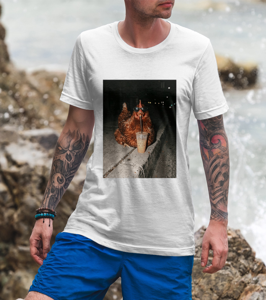 Chicken Wearing Sunglasses Drinking Iced Coffee At Night T-Shirt