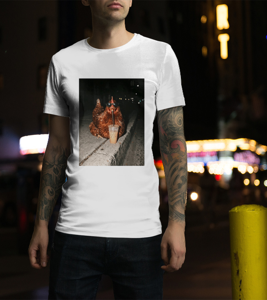 Chicken Wearing Sunglasses Drinking Iced Coffee At Night T-Shirt