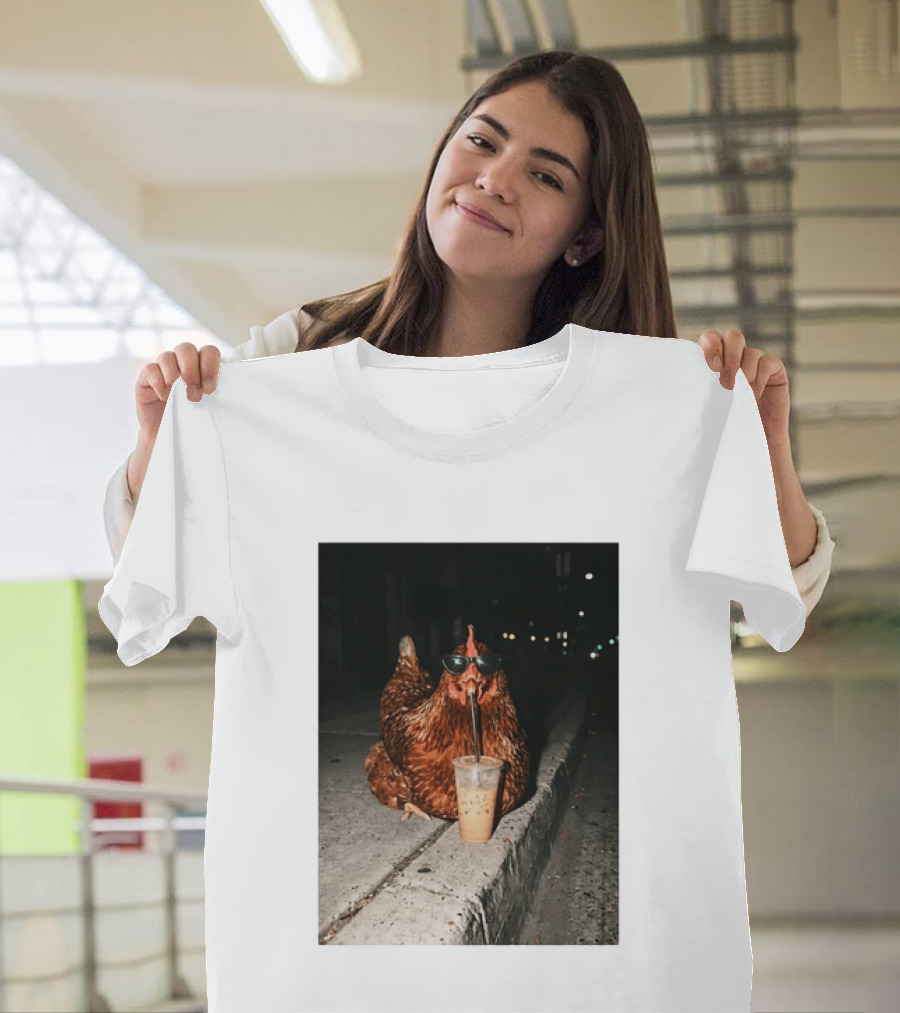 Chicken Wearing Sunglasses Drinking Iced Coffee At Night T-Shirt
