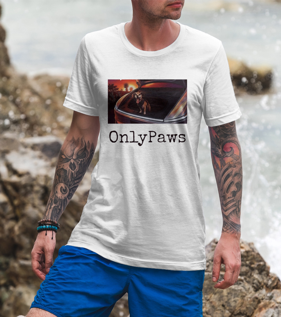 OnlyPaws Dog In Car Trunk At Sunset Desert Scene T-Shirt