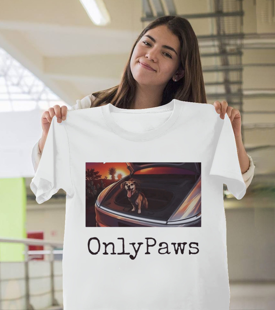 OnlyPaws Dog In Car Trunk At Sunset Desert Scene T-Shirt