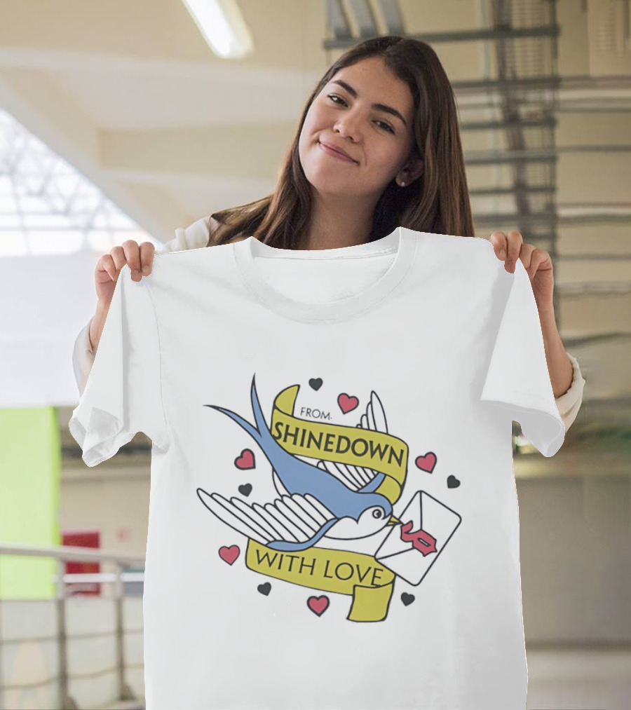 From Shinedown With Love Swallow Bird Carrying Letter Hearts Rock Music T-Shirt