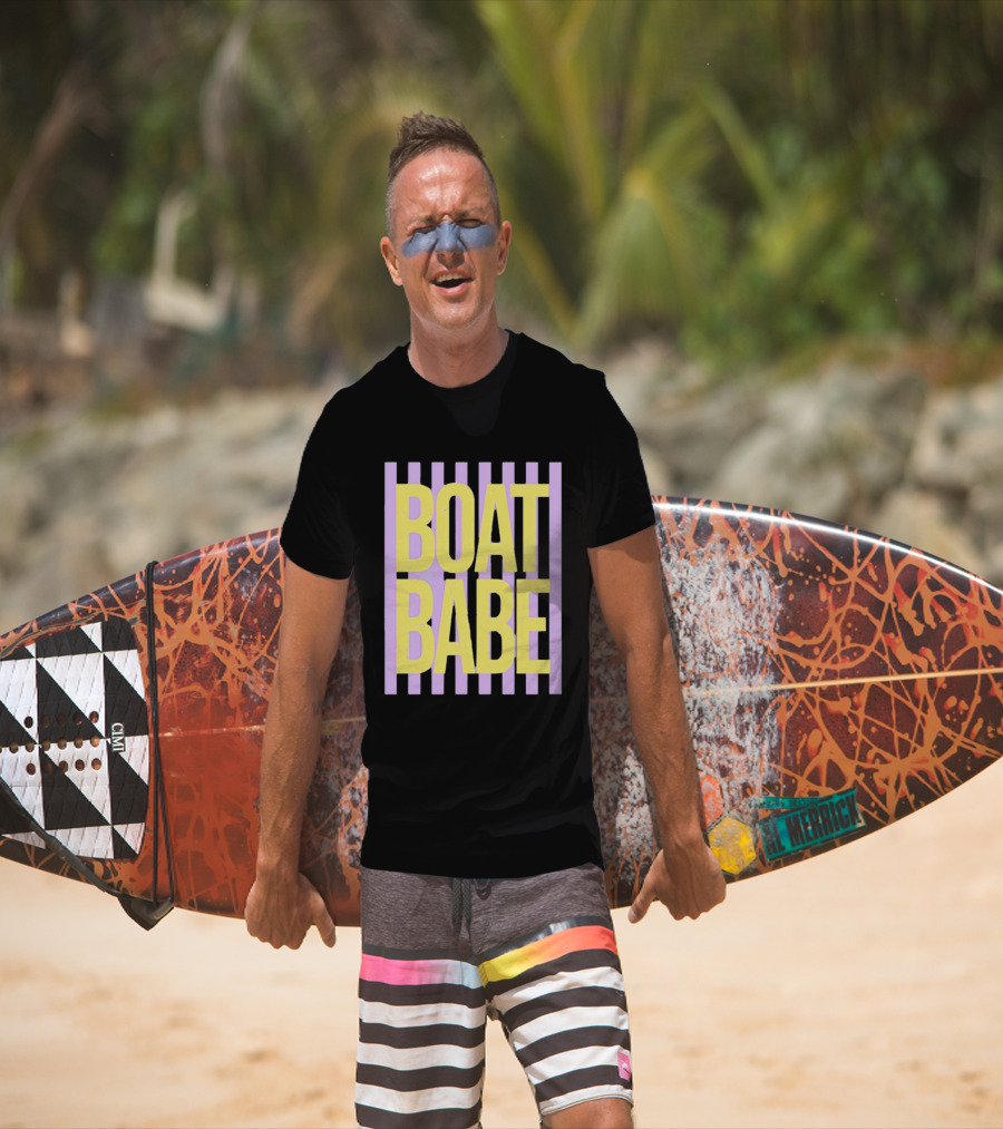 Boat Babe Distressed Striped Nautical Violet Yellow Letters T-Shirt