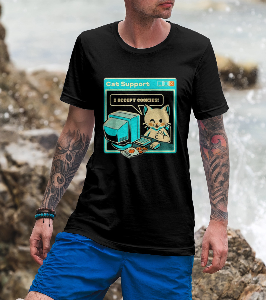 Cat Support I Accept Cookies Computer Cartoon Comic T-Shirt