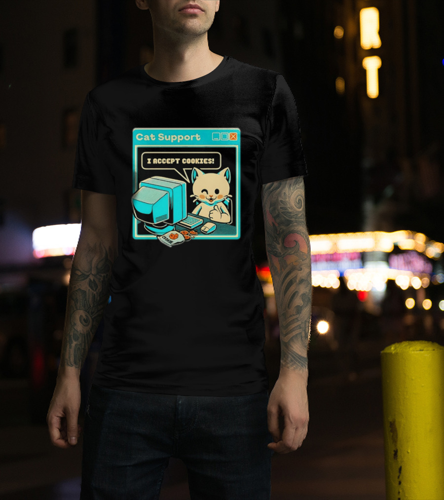 Cat Support I Accept Cookies Computer Cartoon Comic T-Shirt