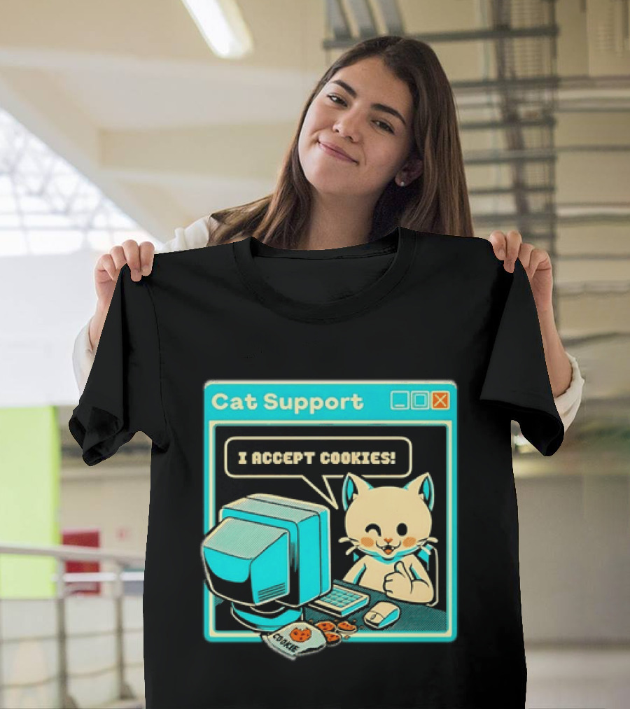 Cat Support I Accept Cookies Computer Cartoon Comic T-Shirt