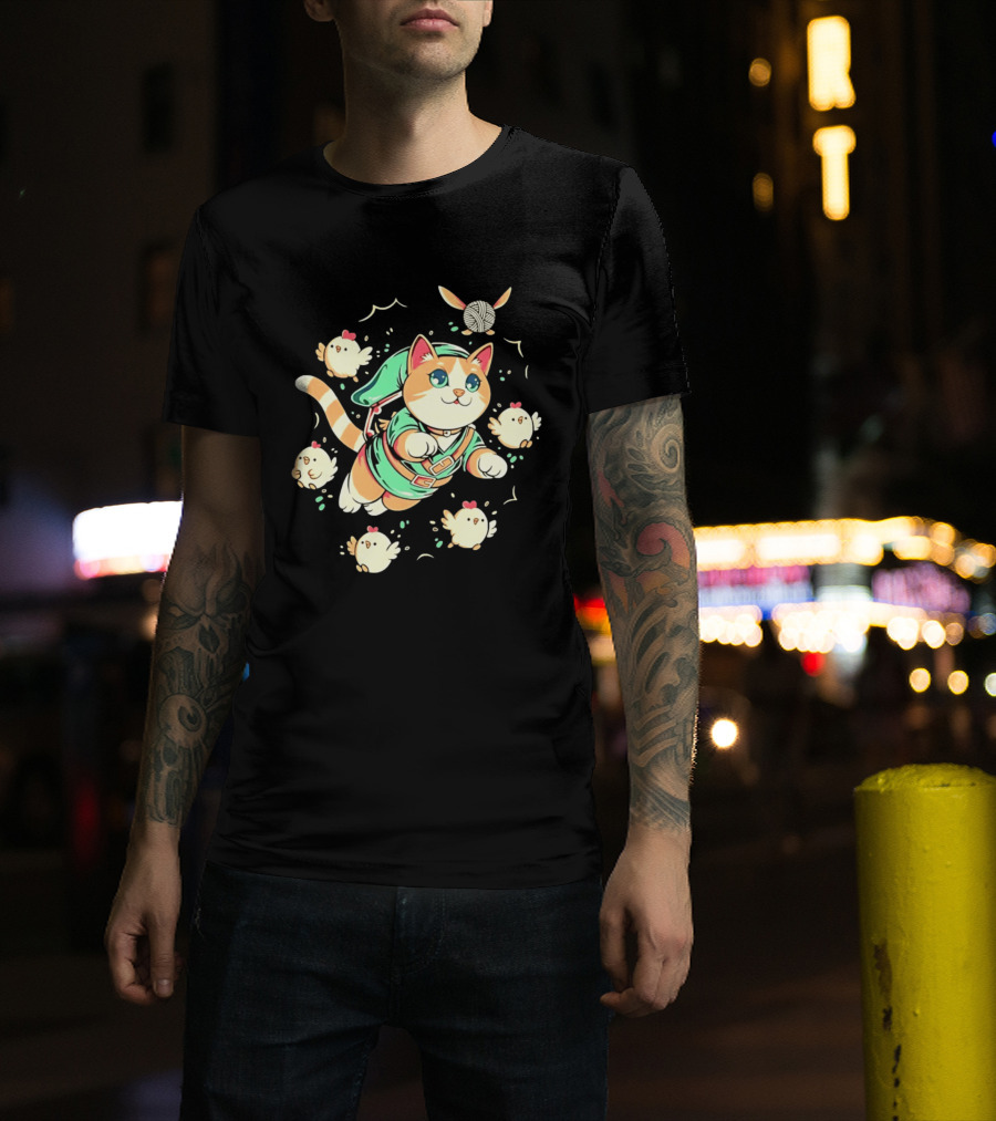 Fantasy Adventurer Cat In Green Tunic With Chickens And Yarn Ball T-Shirt