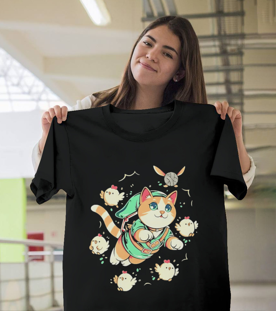 Fantasy Adventurer Cat In Green Tunic With Chickens And Yarn Ball T-Shirt