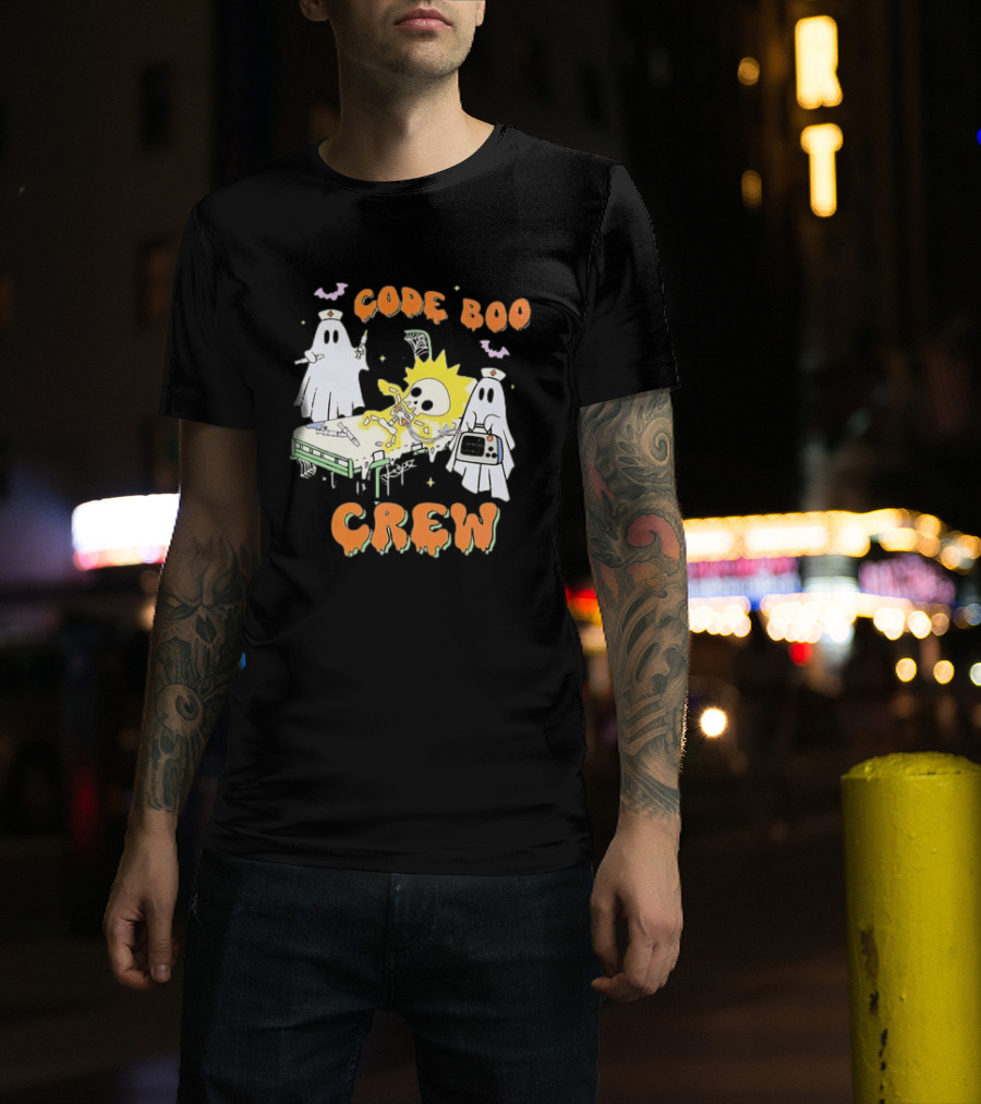 Code Boo Crew Halloween Ghost Nurse Skeleton Scene T-Shirt