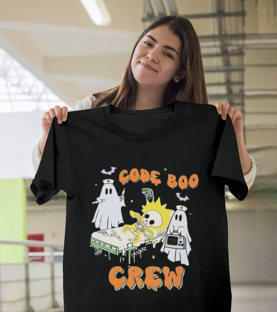 Code Boo Crew Halloween Ghost Nurse Skeleton Scene T-Shirt