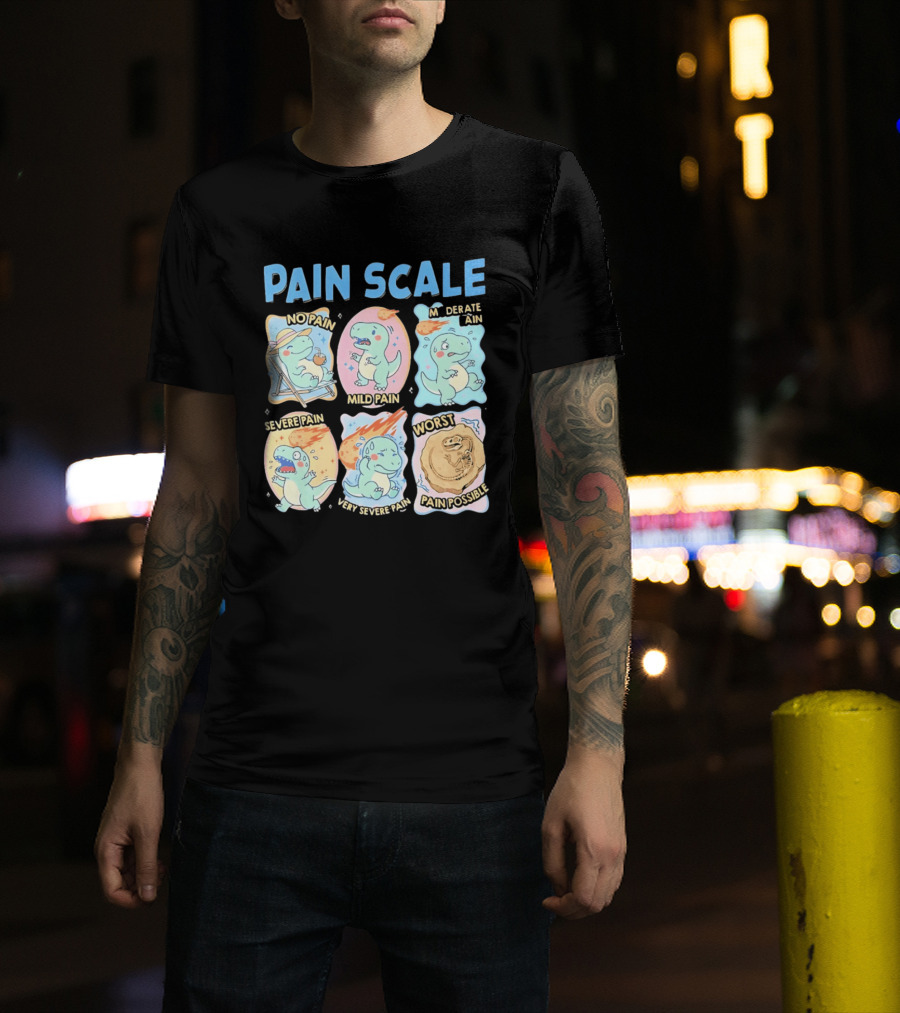 Pain Scale Cartoon Dinosaur Chart No Pain To Worst Pain Possible T-Shirt